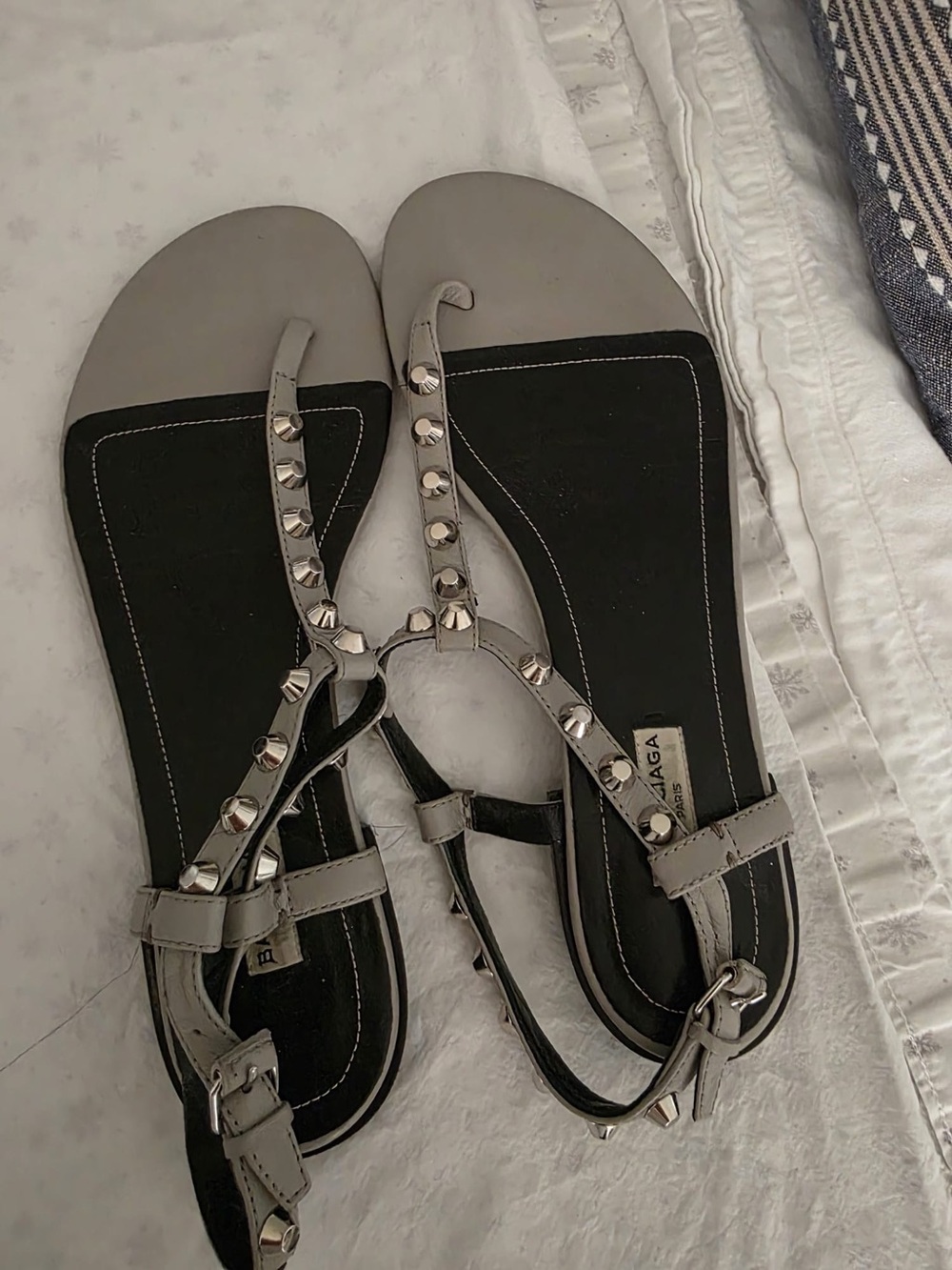 Balenciaga Gray Studded T-Strap Sandals